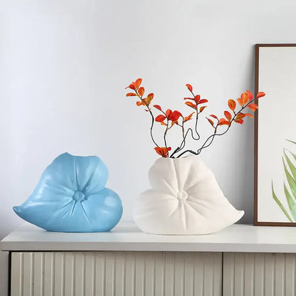 Textured fluffy heart vase white blue & black living room decor