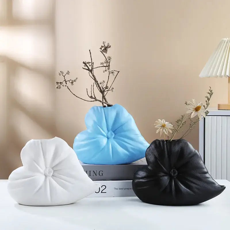 Textured fluffy heart vase white blue & black living room decor
