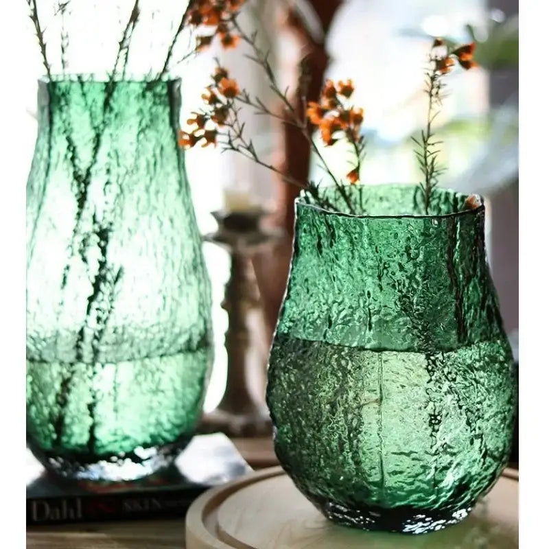 Textured frosted green transparent glass vase set living room decor