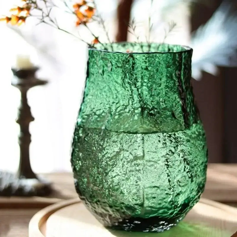 Textured frosted green transparent glass vase set living room decor