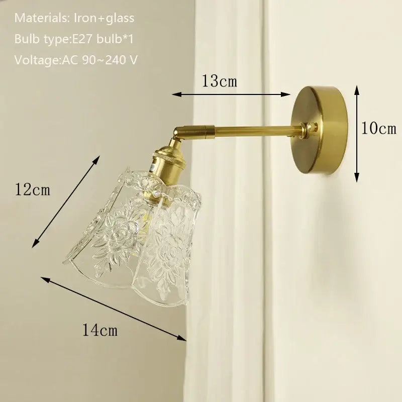 Textured glass brass mirror wall sconce for bedroom