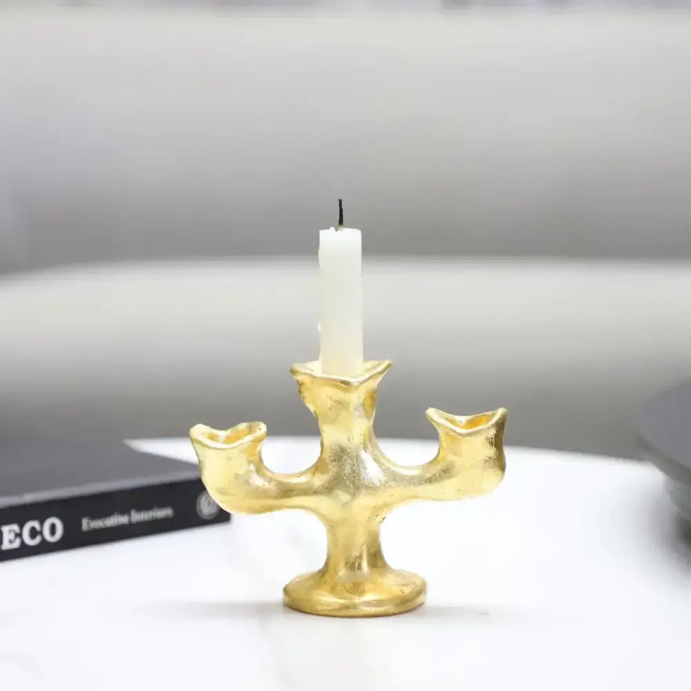 Textured gold resin candle holders dining room centerpiece trio