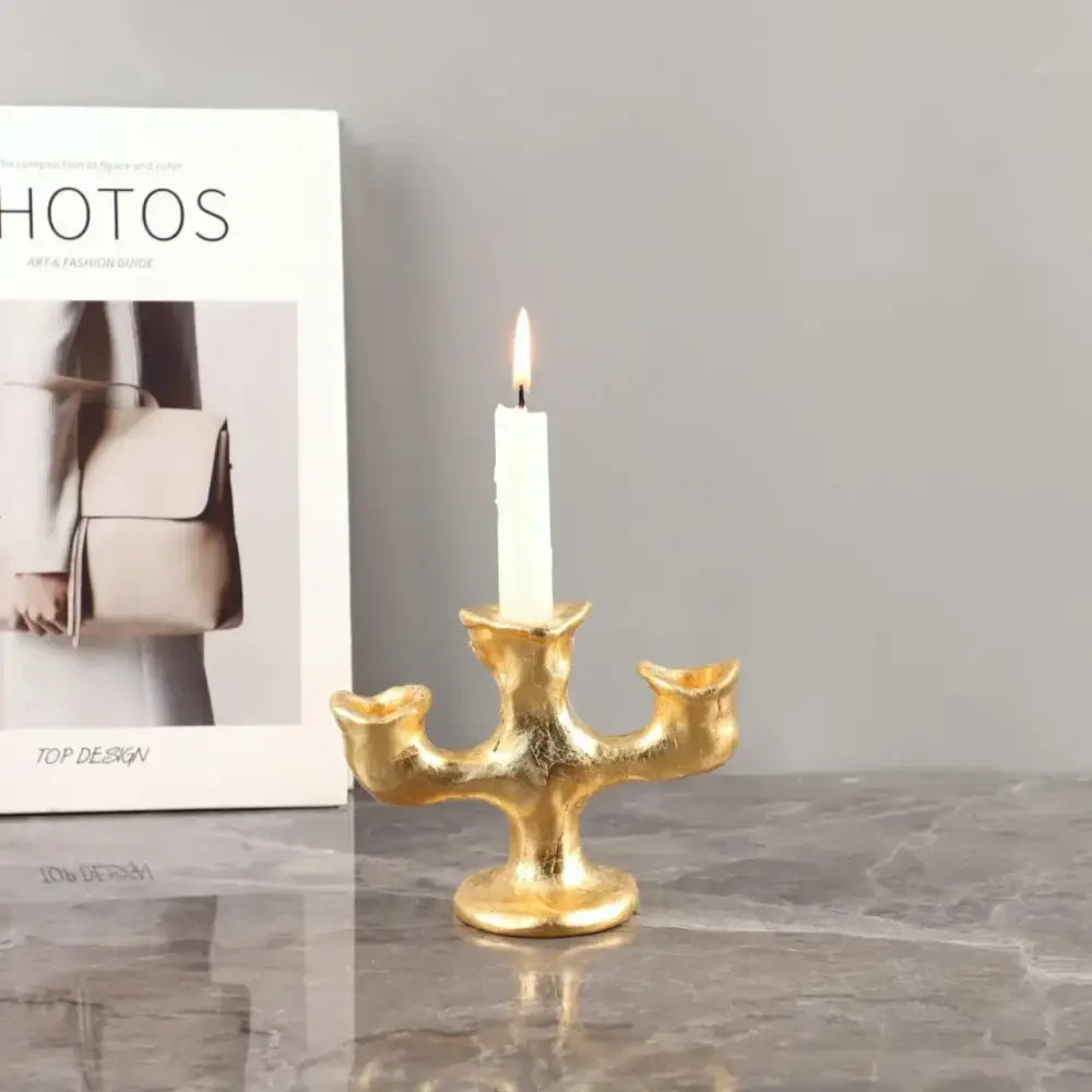 Textured gold resin candle holders dining room centerpiece trio