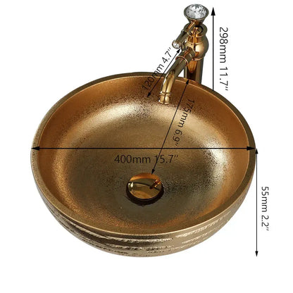 Textured golden ceramic bathroom basin set with ridged vessel sink