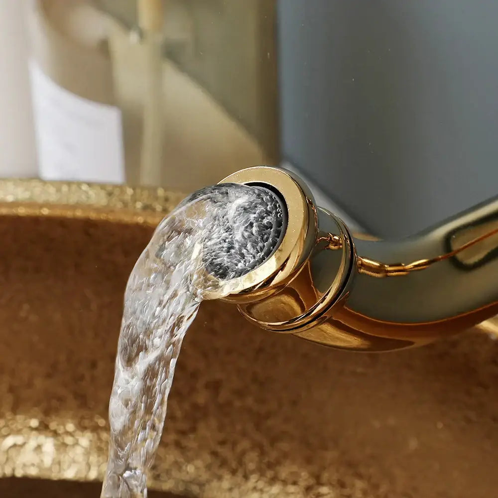 Textured golden ceramic bathroom basin set with ridged vessel sink