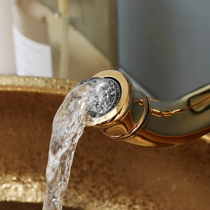 Textured golden ceramic bathroom basin set with ridged vessel sink