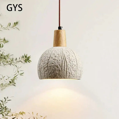 Textured gray cement and wood pendant lamp for dining room