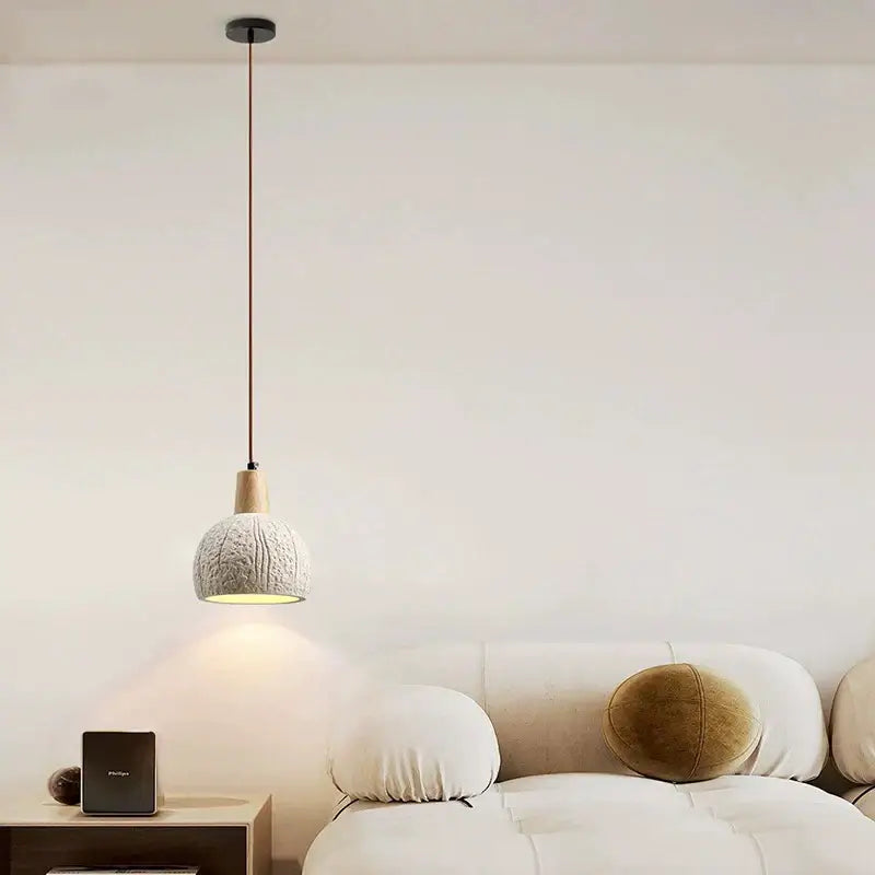 Textured gray cement and wood pendant lamp for dining room