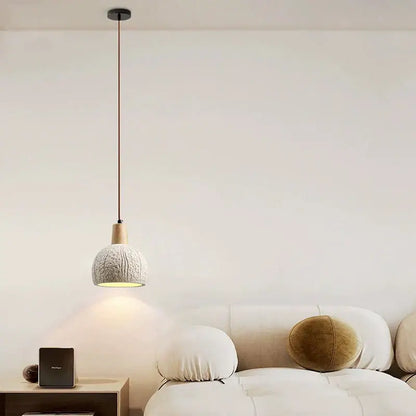 Textured gray cement and wood pendant lamp for dining room