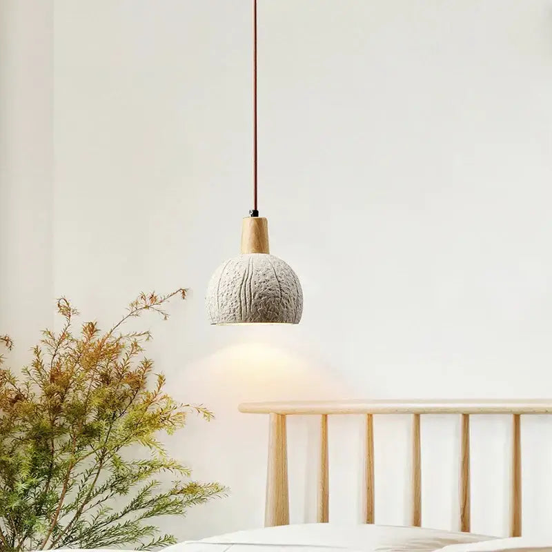 Textured gray cement and wood pendant lamp for dining room