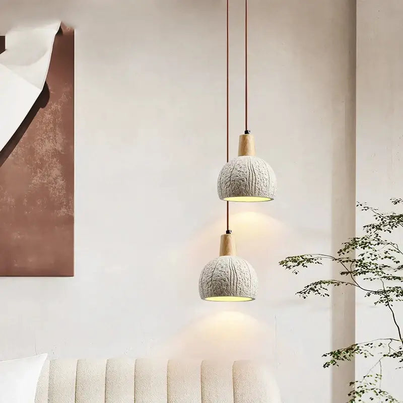 Textured gray cement and wood pendant lamp for dining room