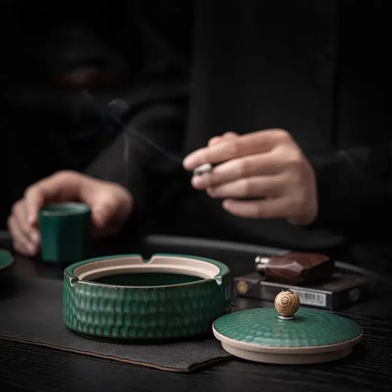 Textured green ceramic ashtray with lid living room smoking accessory
