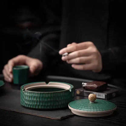 Textured green ceramic ashtray with lid living room smoking accessory