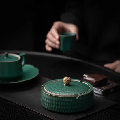Textured green ceramic ashtray with lid living room smoking accessory