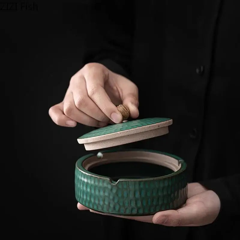 Textured green ceramic ashtray with lid living room smoking accessory