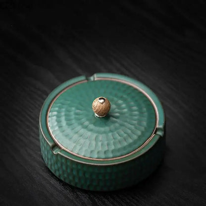 Textured green ceramic ashtray with lid living room smoking accessory