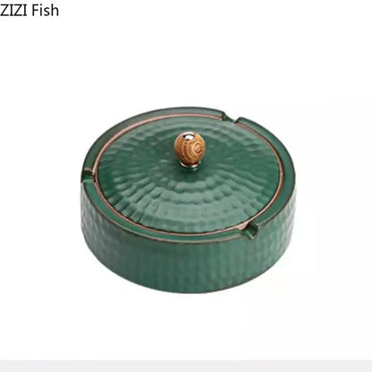 Textured green ceramic ashtray with lid living room smoking accessory