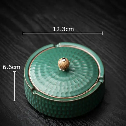 Textured green ceramic ashtray with lid living room smoking accessory