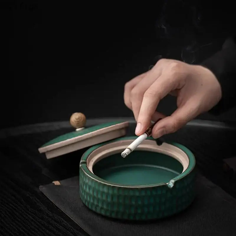 Textured green ceramic ashtray with lid living room smoking accessory
