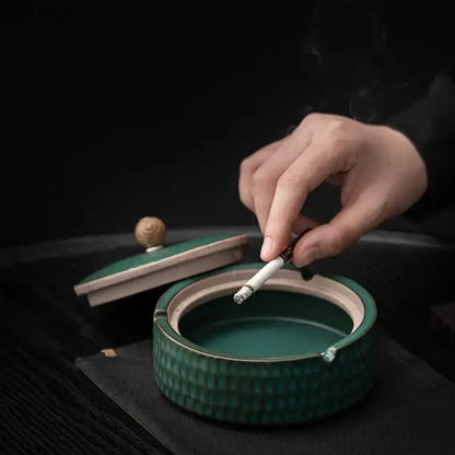 Textured green ceramic ashtray with lid living room smoking accessory