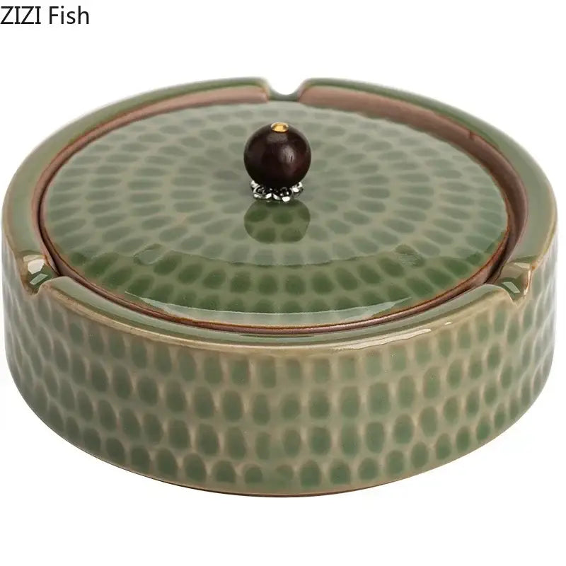 Textured green ceramic ashtray with wooden lid for office or living room