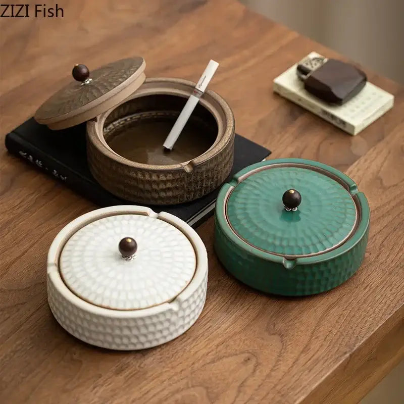 Textured green ceramic ashtray with wooden lid for office or living room