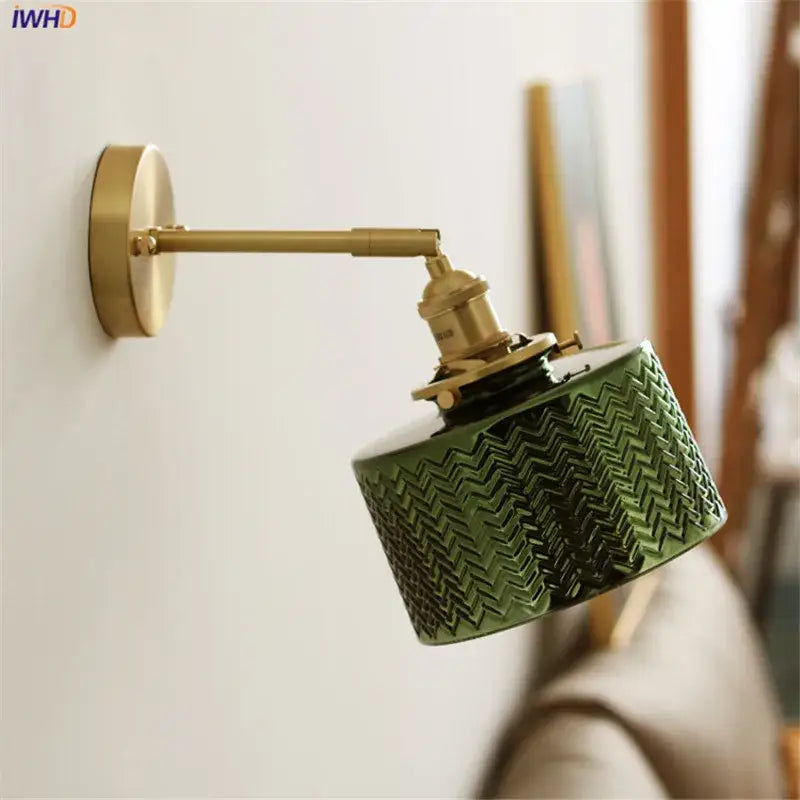 Textured green ceramic wall sconce bedroom brass led light