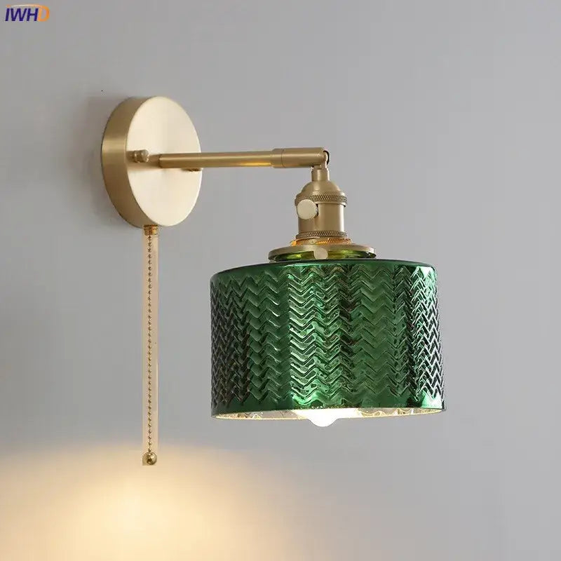 Textured green ceramic wall sconce bedroom brass led light
