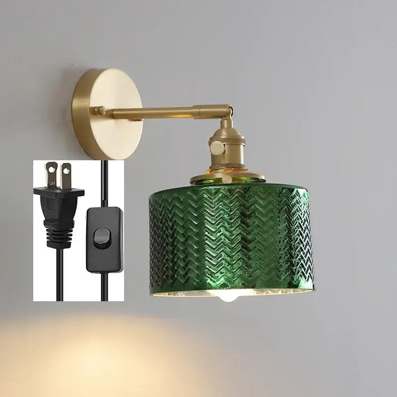 Textured green ceramic wall sconce bedroom brass led light