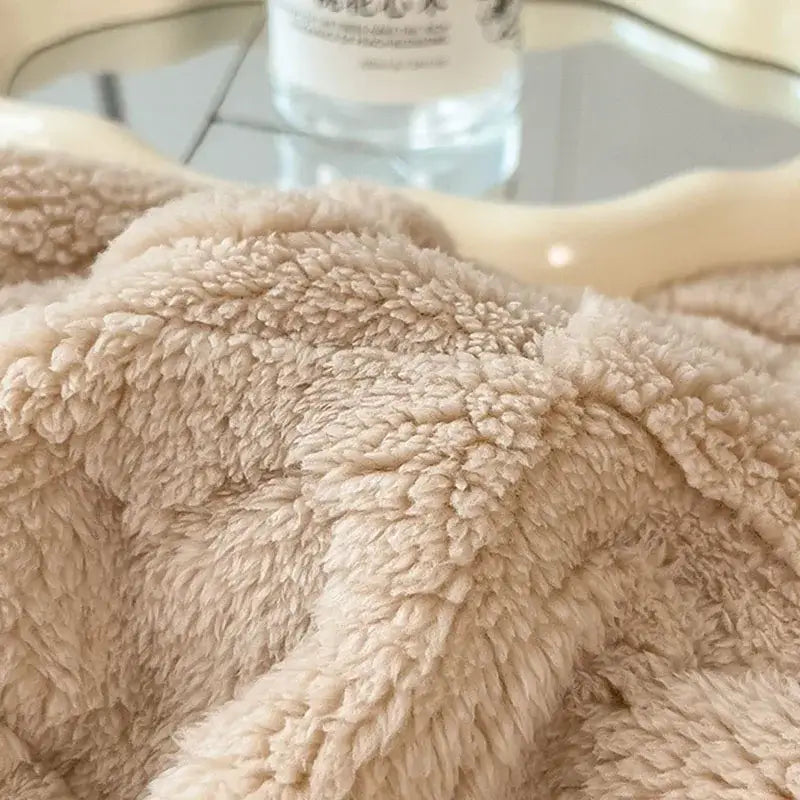 Textured green & cream cozy lamb wool blanket bedroom fleece