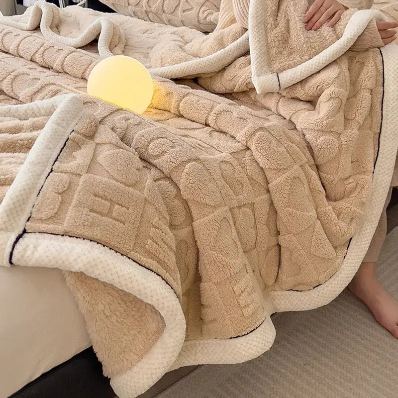 Textured green & cream cozy lamb wool blanket bedroom fleece