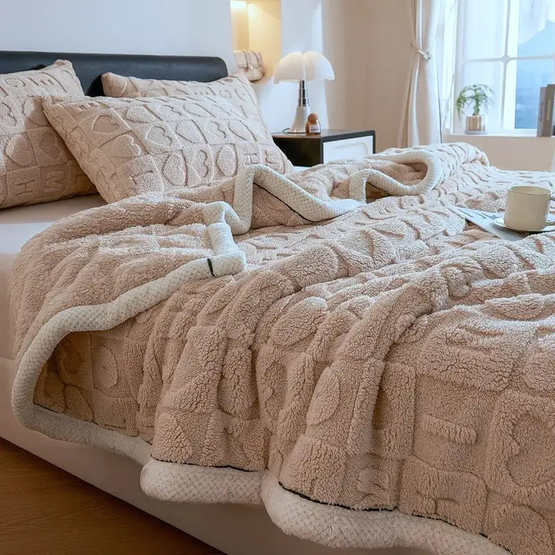 Textured green & cream cozy lamb wool blanket bedroom fleece