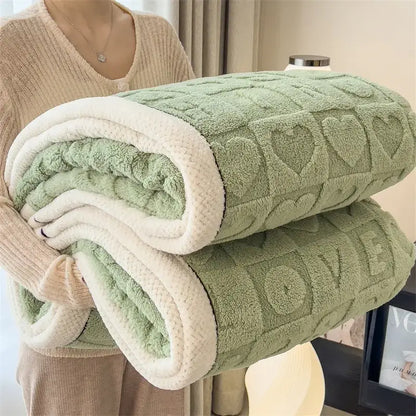 Textured green & cream cozy lamb wool blanket bedroom fleece