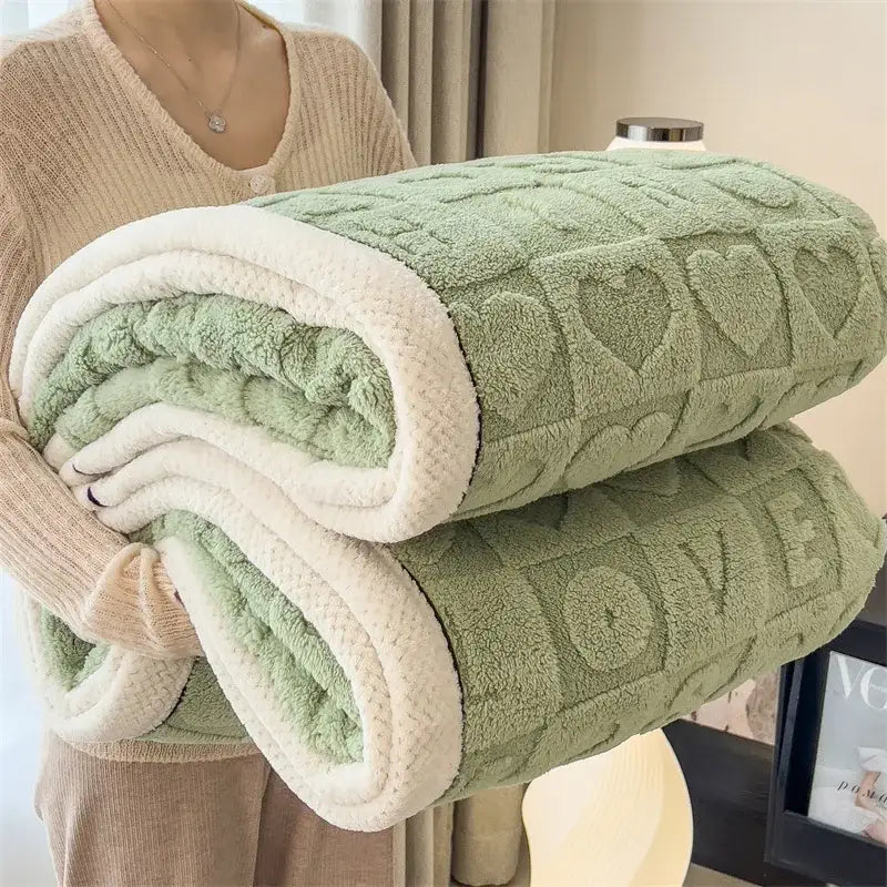 Textured green & cream cozy lamb wool blanket bedroom fleece
