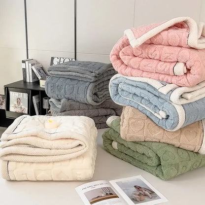 Textured green & cream cozy lamb wool blanket bedroom fleece