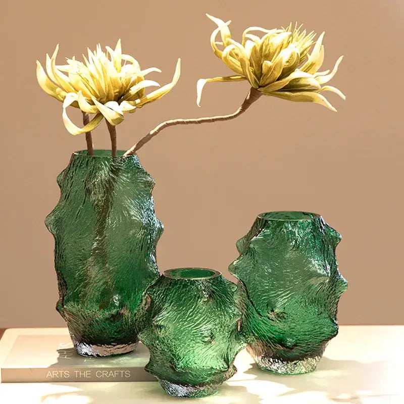 Textured green sea cucumber glass vase set for living room decor