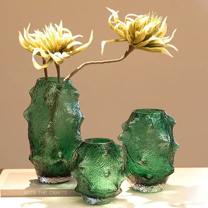 Textured green sea cucumber glass vase set for living room decor