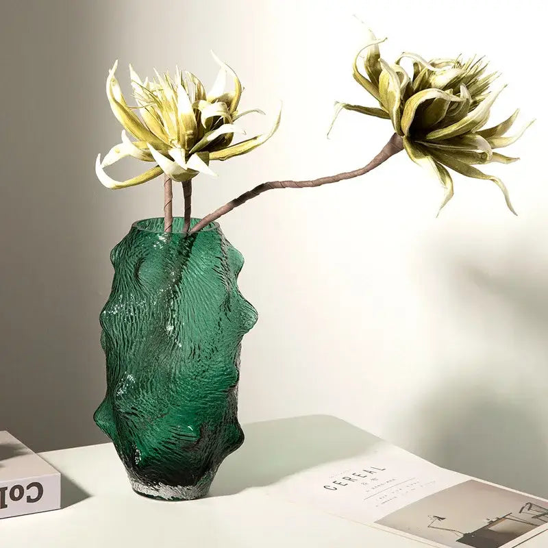Textured green sea cucumber glass vase set for living room decor