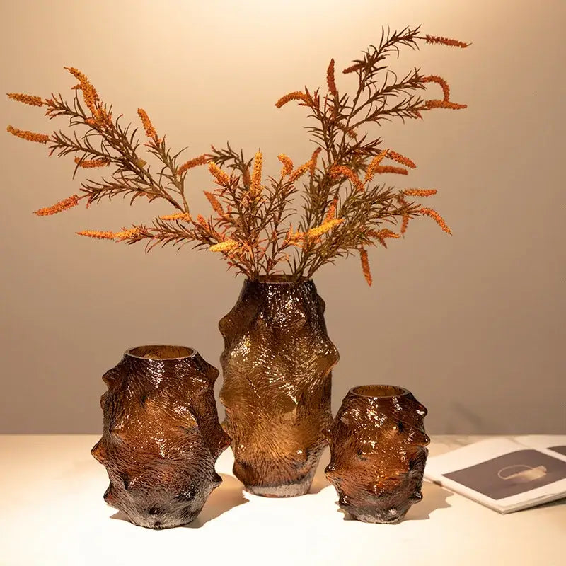 Textured green sea cucumber glass vase set for living room decor