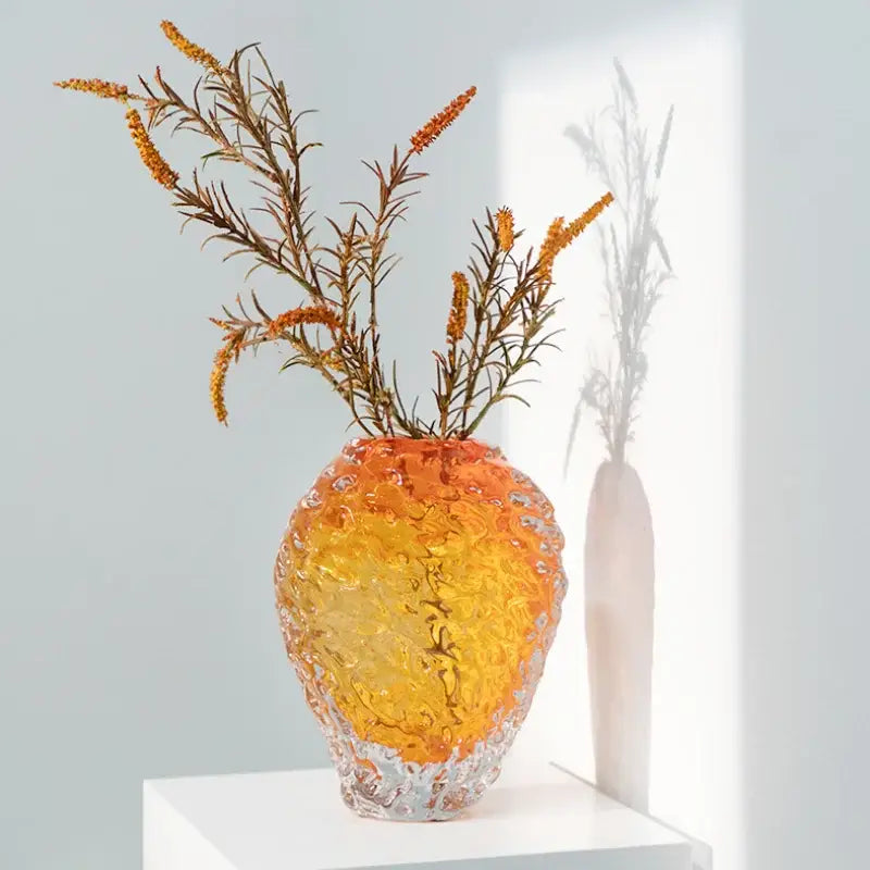Textured orange & yellow glass colored vase living room decor
