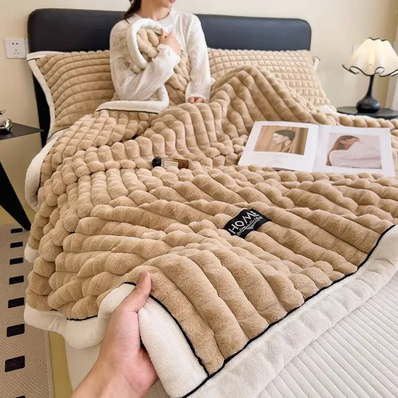 Textured pink and cream cozy flannel velvet blanket bedroom quilt