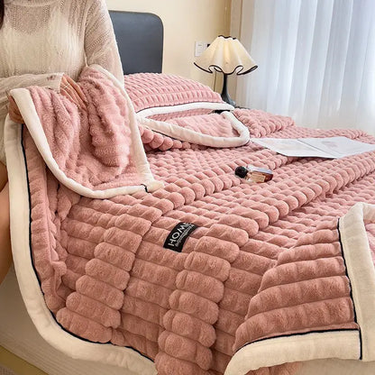 Textured pink and cream cozy flannel velvet blanket bedroom quilt
