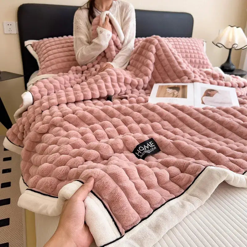 Textured pink and cream cozy flannel velvet blanket bedroom quilt