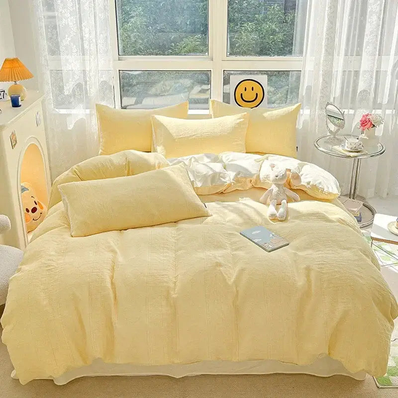 Textured soft yellow cotton bedding set bedroom duvet and pillows