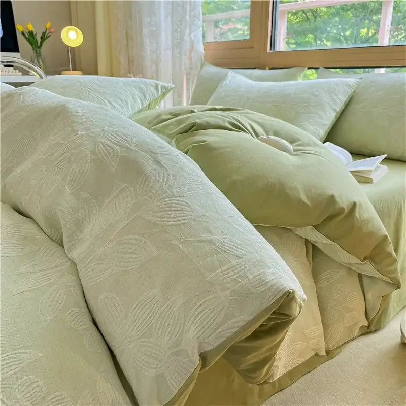 Textured soft yellow cotton bedding set bedroom duvet and pillows