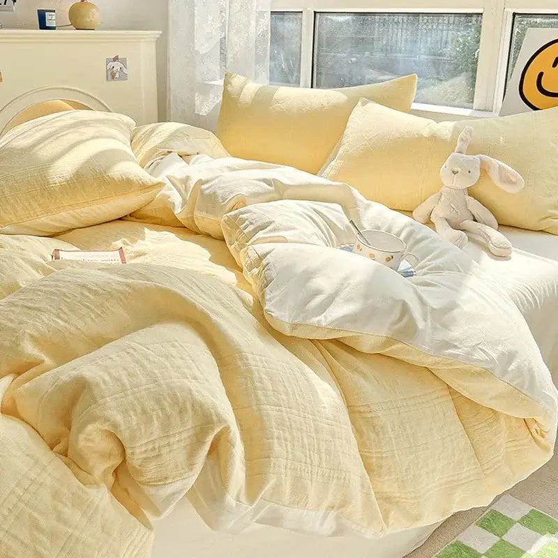 Textured soft yellow cotton bedding set bedroom duvet and pillows