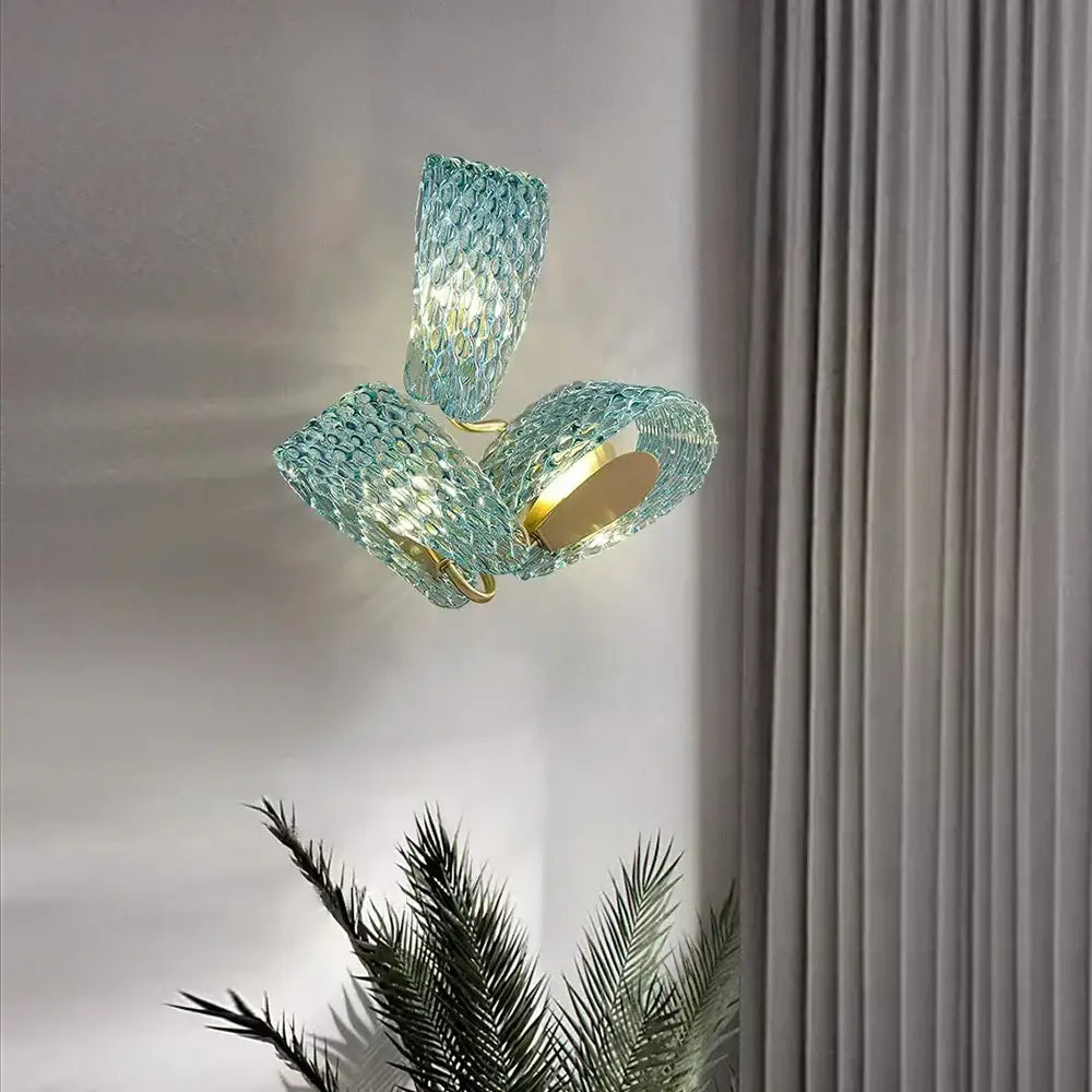Textured turquoise blue glass luxury wall sconce pair for bedroom