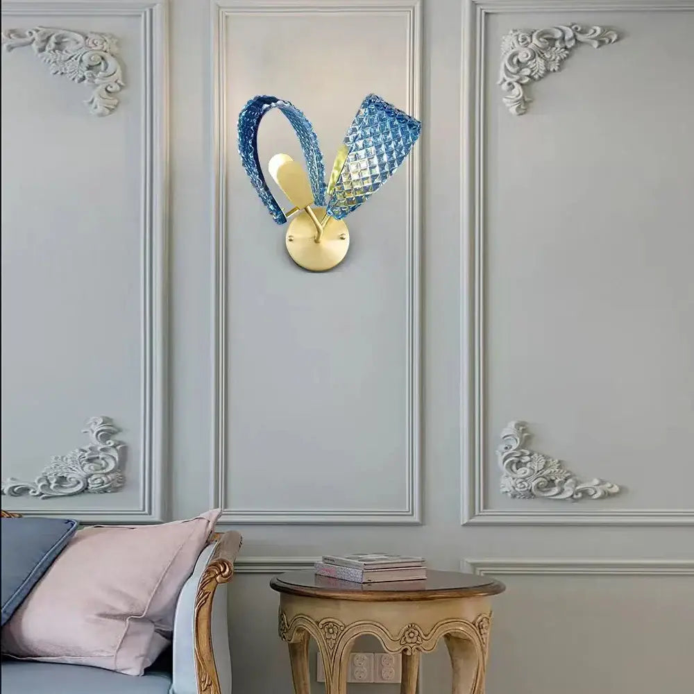 Textured turquoise blue glass luxury wall sconce pair for bedroom
