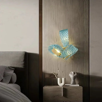 Textured turquoise blue glass luxury wall sconce pair for bedroom