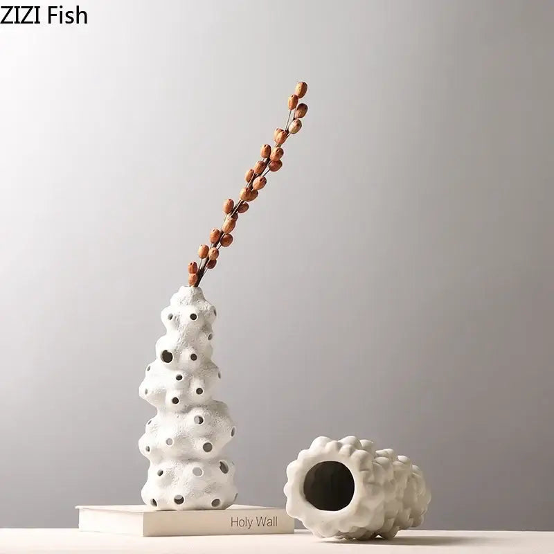 Textured white ceramic vase set with artificial flowers living room